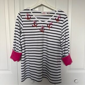 NWOT Quacker Factory Striped 3/4 Sleeve Shirt Nautical Anchor Size M